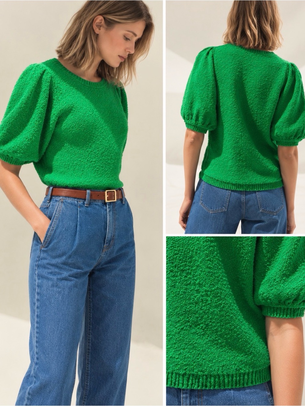 ME+EM - Women’s Boucle’ puff short sleeve knit Tee crew neck green blouse top XS